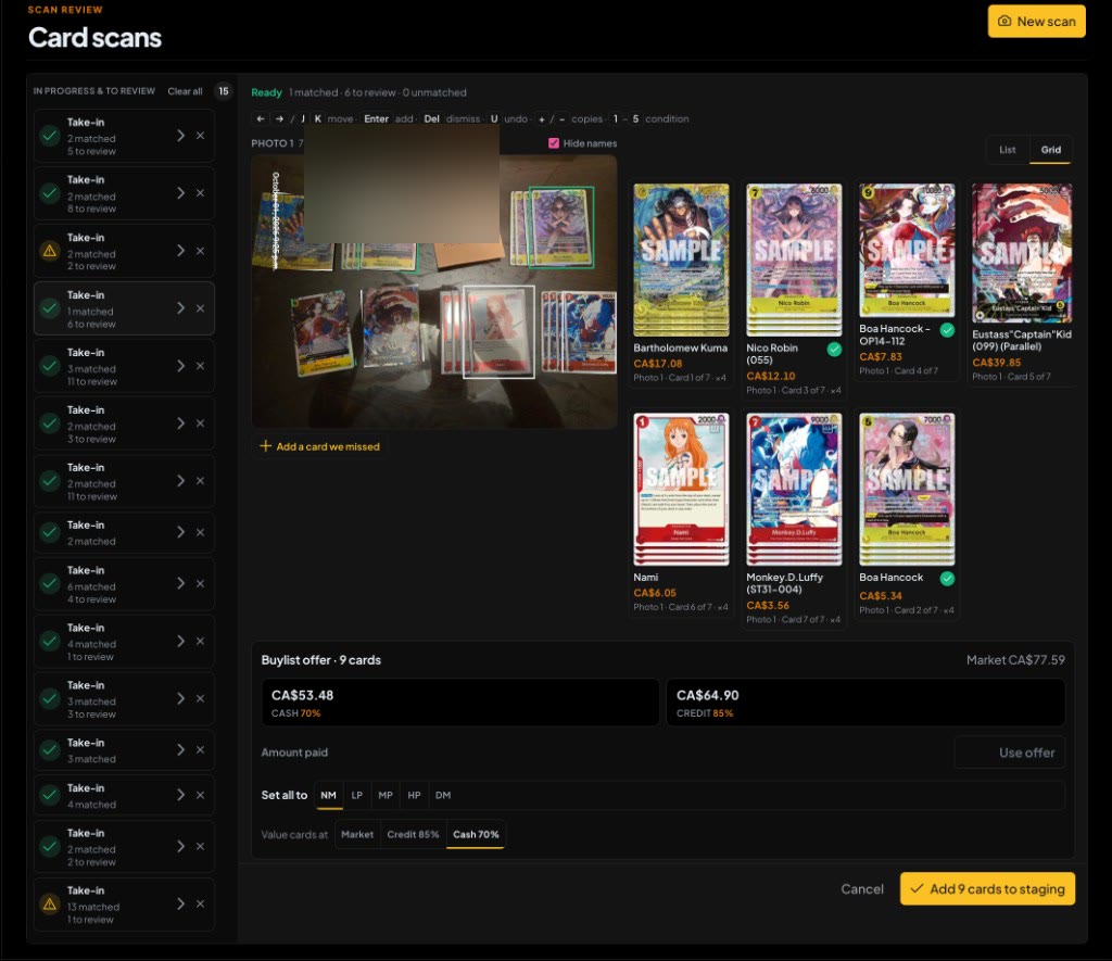 Card scan review with stacked copies and a cash and credit offer