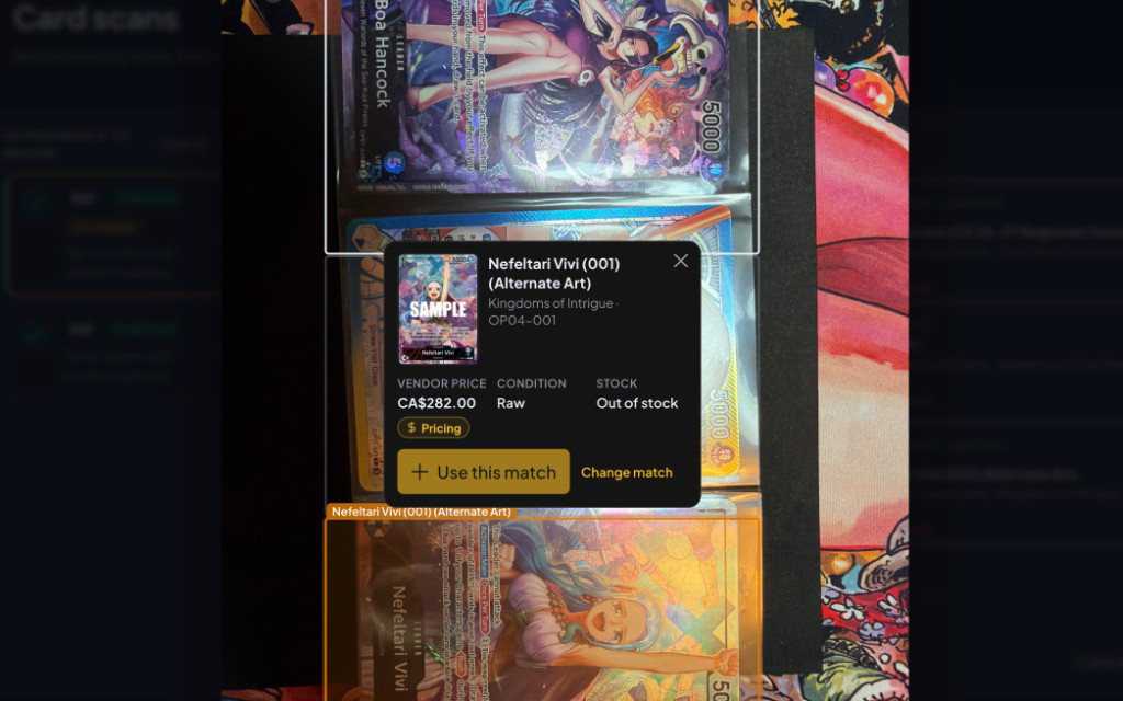 Card scan match popup with edge detection and vendor pricing